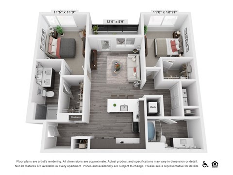 Floor plan for 2 beds, 2 baths, 1051 sqft